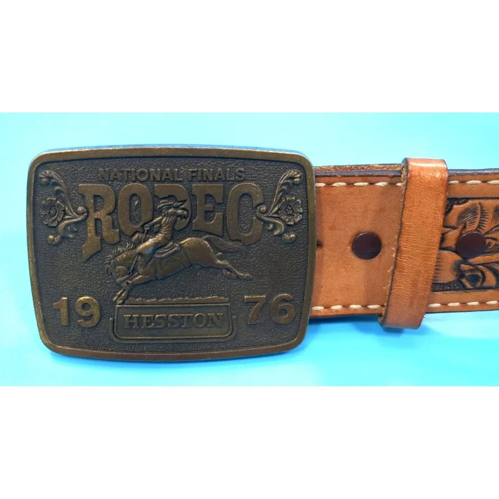 Tony Lama Brown Leather Tooled Belt &1976 Pro Rodeo Buckle Acorns Oak Leaves 29”